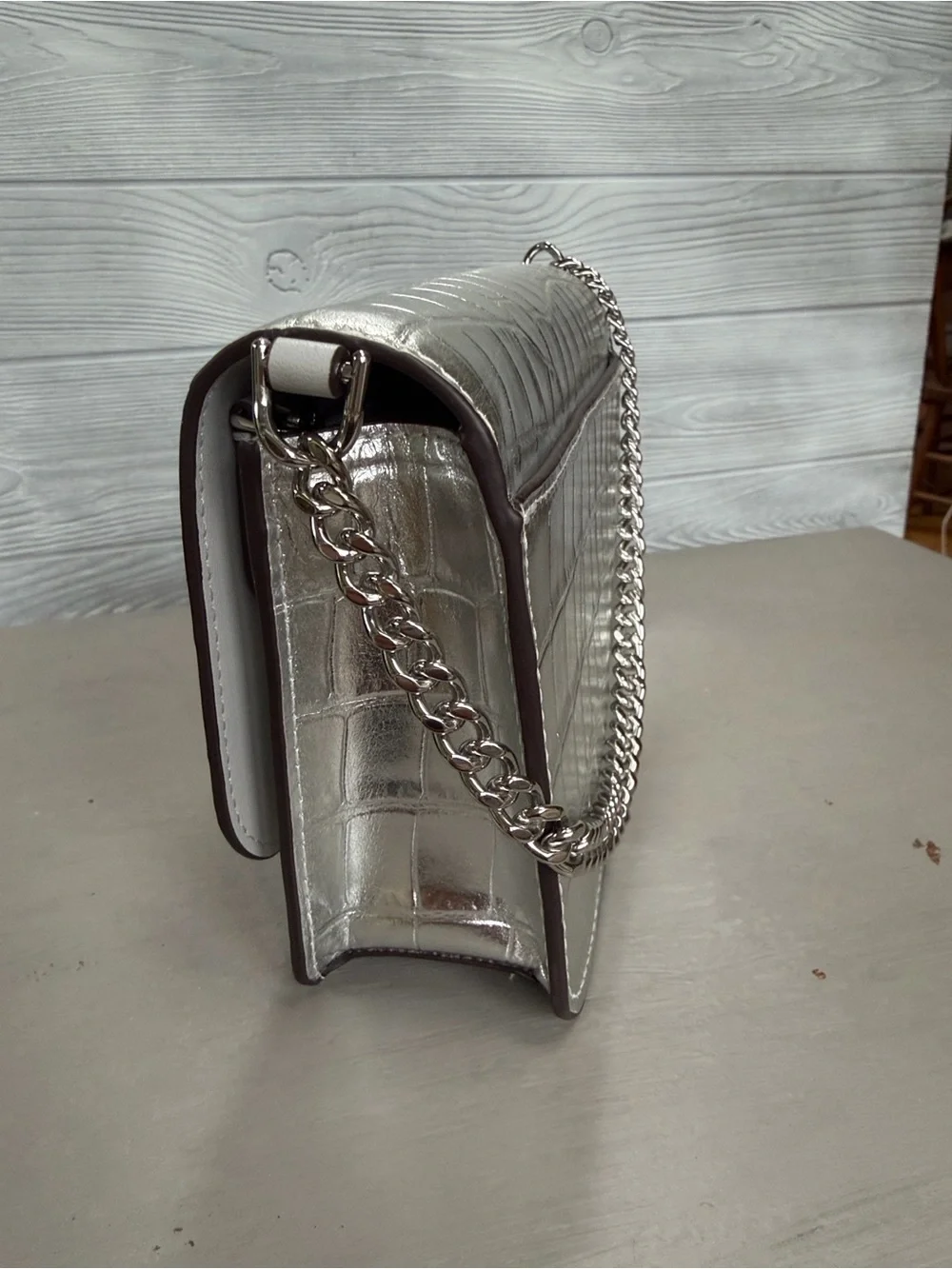 kate spade Metallic Silver Croc-Embossed Chain Crossbody Bag